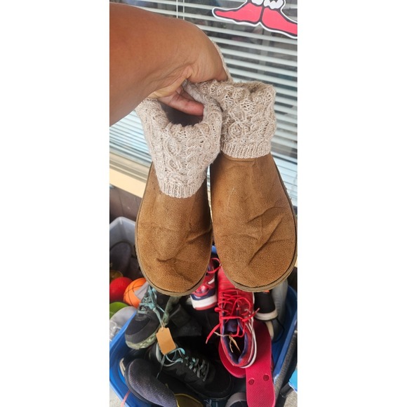 Muk Luks Shoes - Muk Luks Women Brown Faux Suede Cable Knit Cuff Slipper Boots Size M 7-8